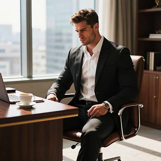 Professional Young Man Working in Modern Office in Black Suit