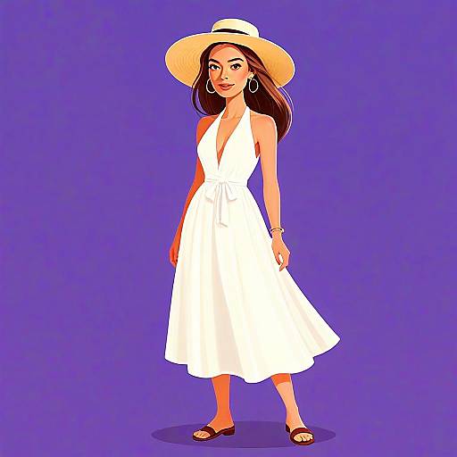 Woman in Backless Halter A-Line White Dress with Wide Brim Hat Illustration