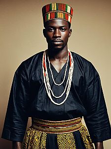 Man in Traditional African Outfit Wearing Beaded Necklace and Colorful Hat Portrait
