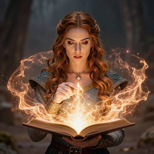 Fantasy Woman Casting Magic Spell with Glowing Book
