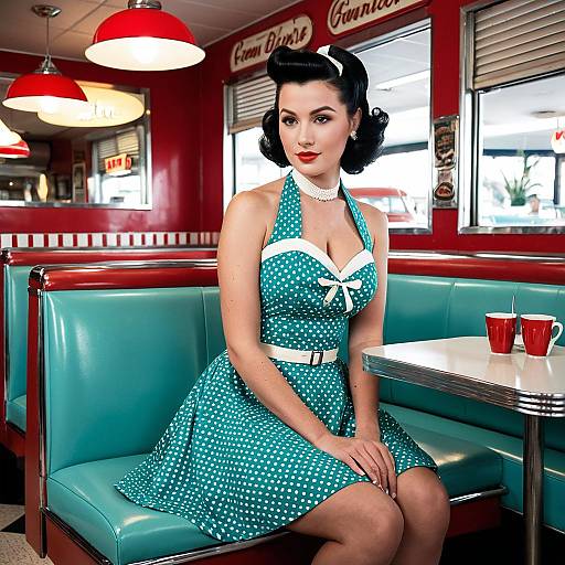Vintage Style Woman in Polka Dot Dress at Retro 1950s Diner