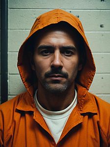 Man in Orange Prison Jumpsuit with Hood Facing Camera