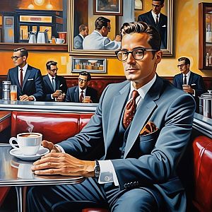 Confident Man in Blue Suit at Vintage Diner