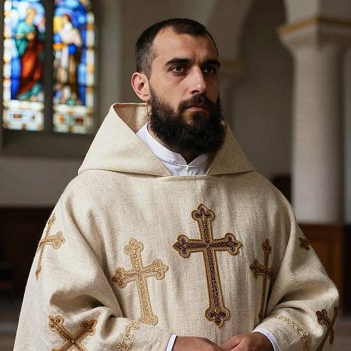 Bearded Man in Traditional Embroidered Religious Robe Inside Church