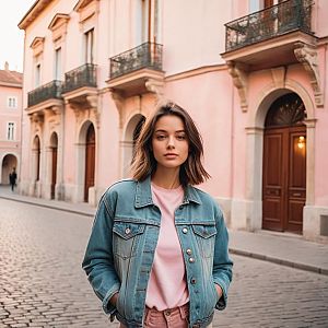 Young Woman in Denim Jacket on Cobblestone Street with European Architecture