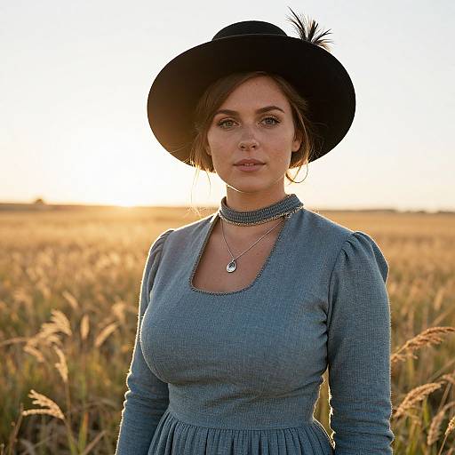 Vintage Style Woman in Wheat Field at Sunset