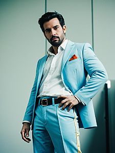 Man in Light Blue Suit with Matching Pants Wearing Orange Pocket Square Fashion Editorial