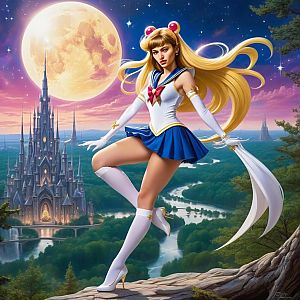 Fantasy Woman in Sailor Outfit Overlooking Valley and Castle