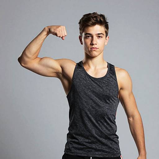 Young Man Flexing Muscles in Black Athletic Tank Top