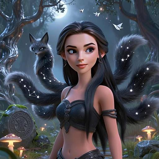Mystical Woman with Constellation Fox Tails in Enchanted Forest
