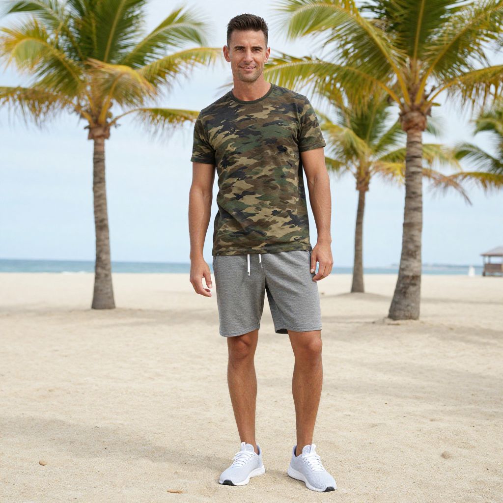 Man Wearing Camouflage T-Shirt and Gray Shorts on Beach with Palm Trees