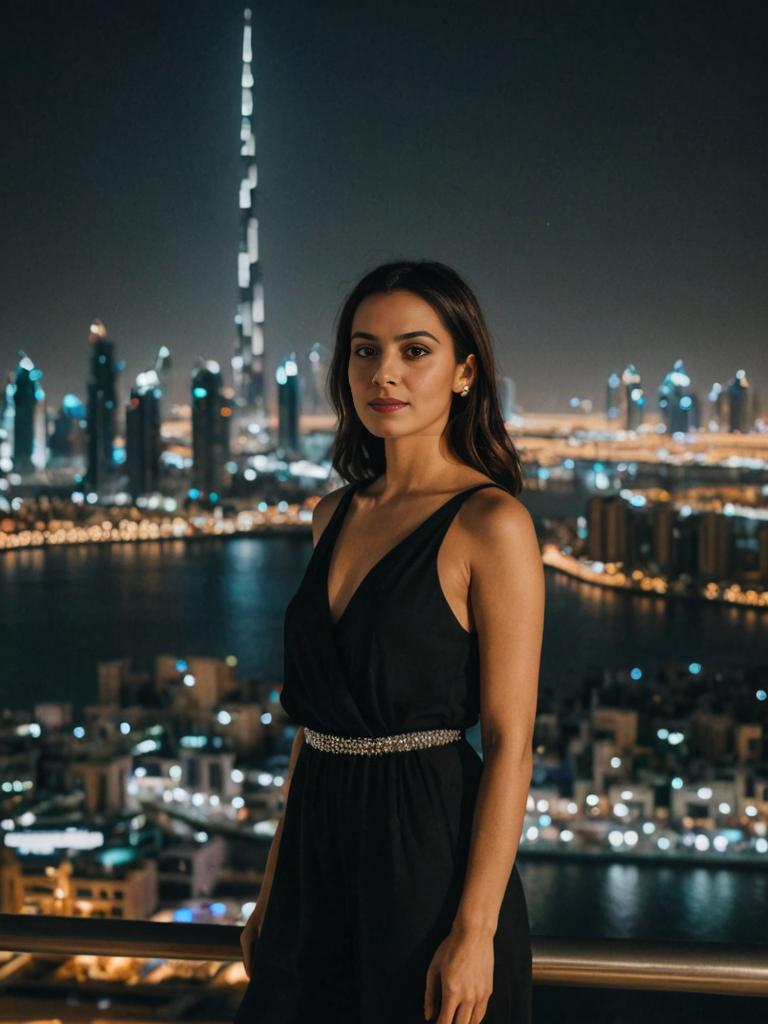 Elegant Woman in Dubai at Night with Burj Khalifa