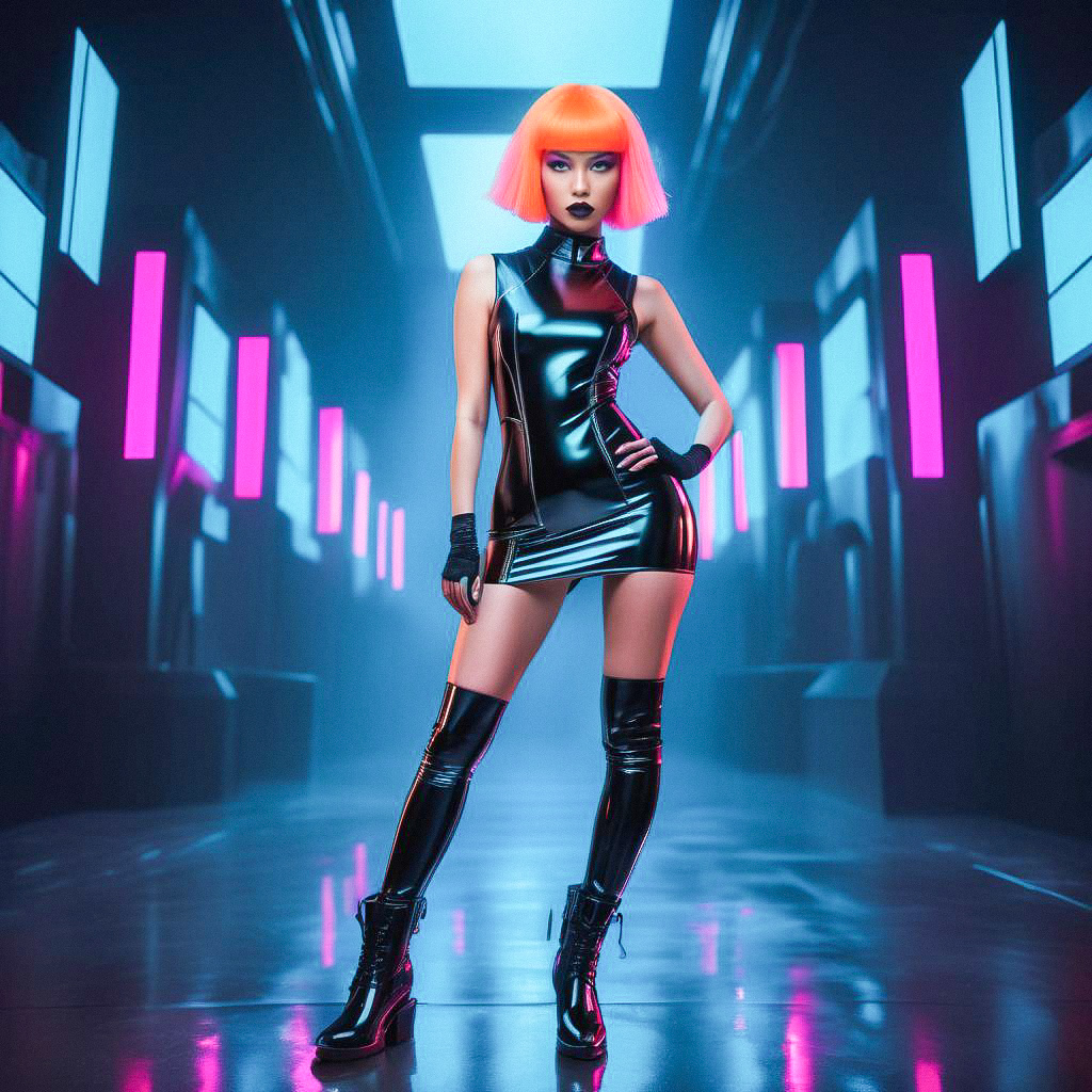 Woman in Black Latex Outfit with Orange Bob in Cyberpunk Setting Woman in Black Latex Outfit with Orange Bob in Cyberpunk Setting