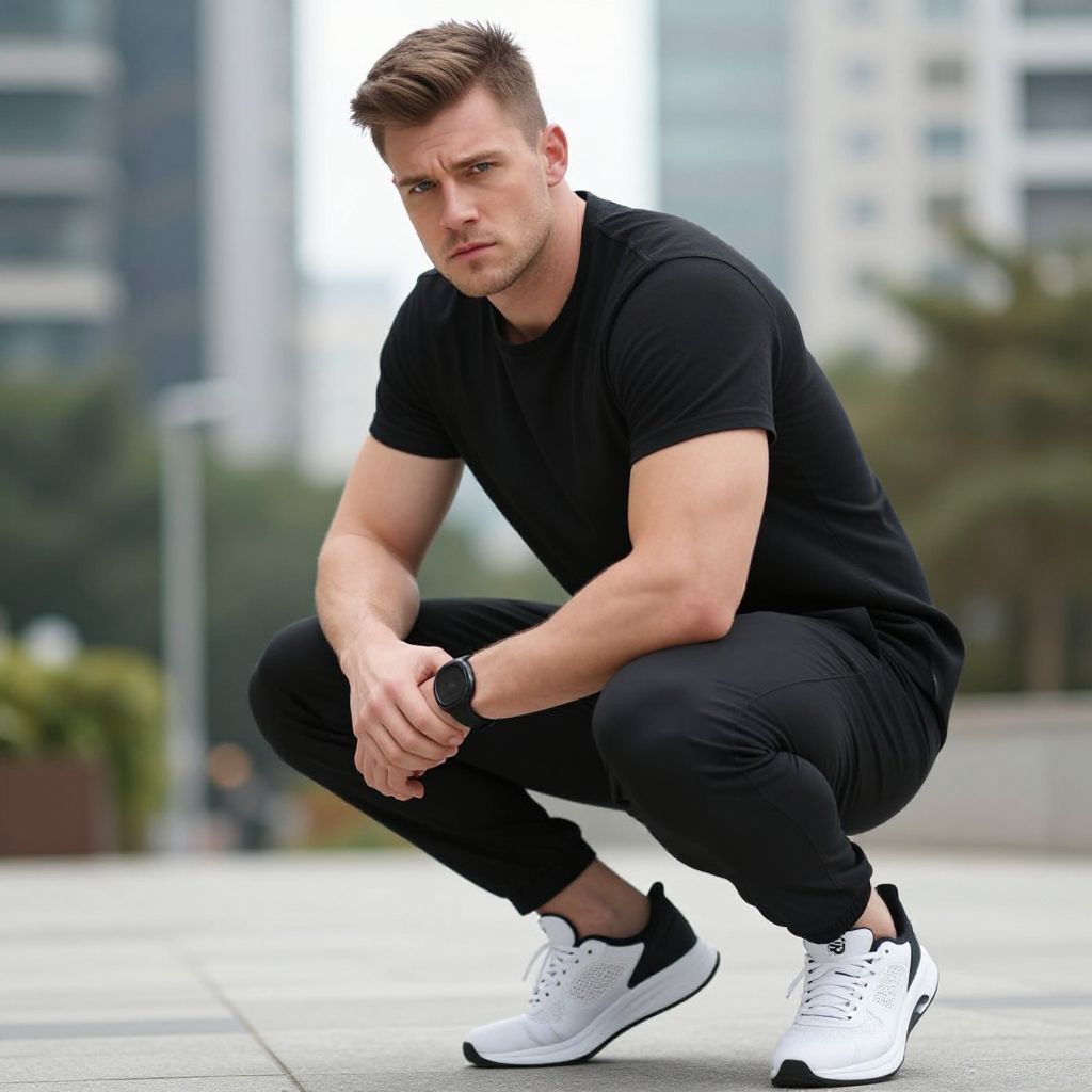 Young Man in Black Casual Outfit Squatting Outdoors Urban Style