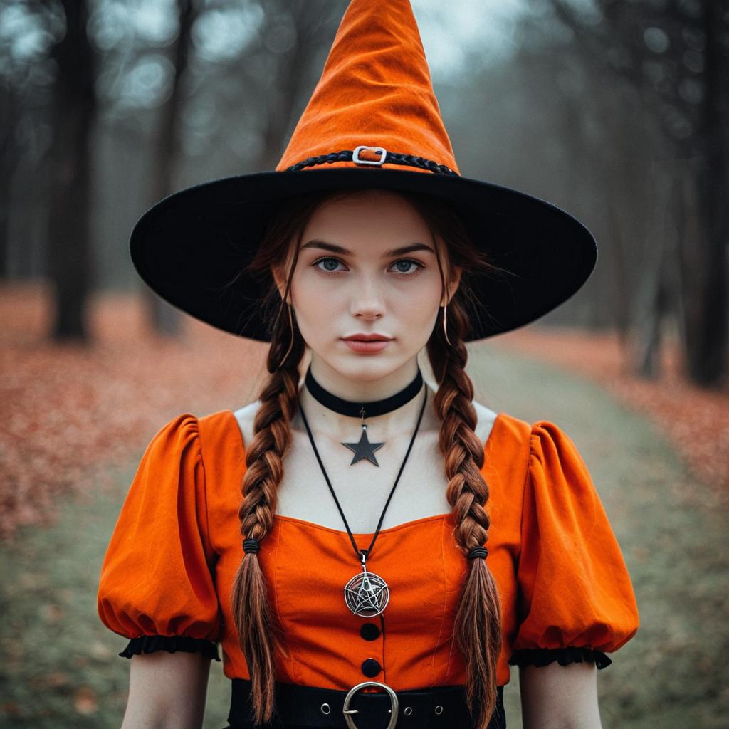 Woman in Orange Witch Costume with Twin Braids and Classic Wide-Brimmed Hat
