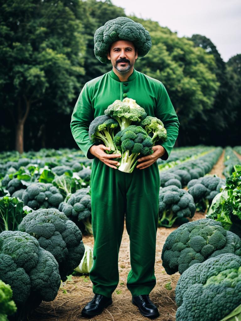 Man in Broccoli Costume Holding Fresh Broccoli in Field