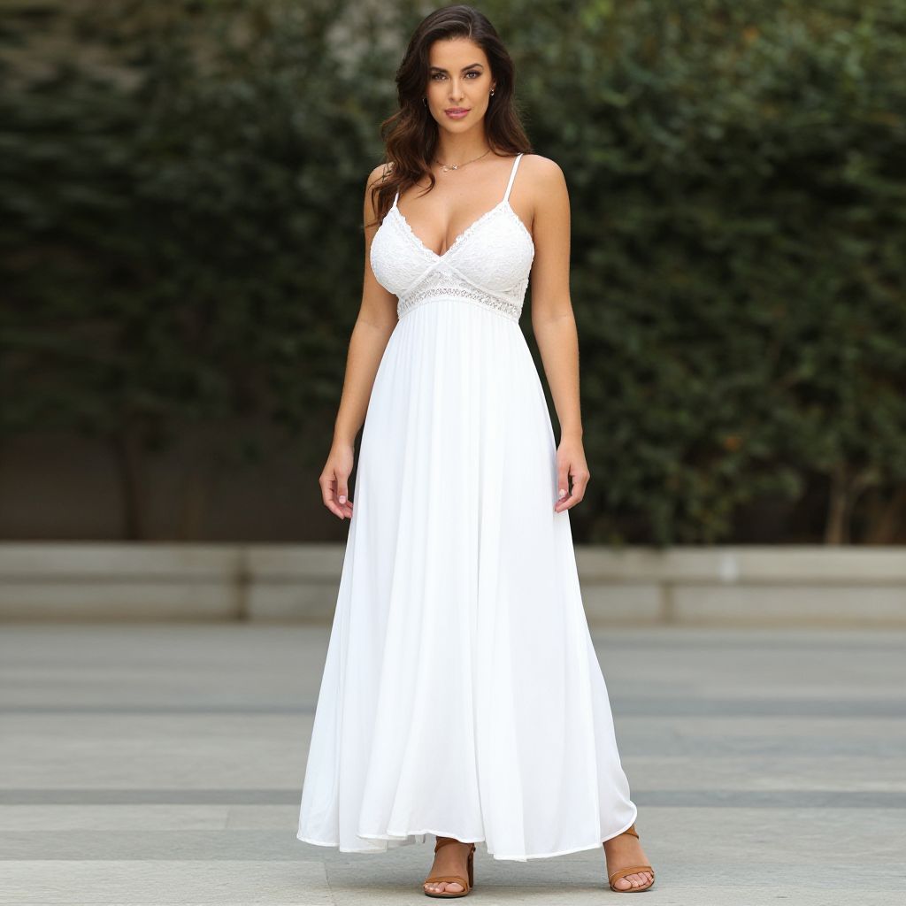 Woman Wearing White Lace Bodice Maxi Dress Outdoors