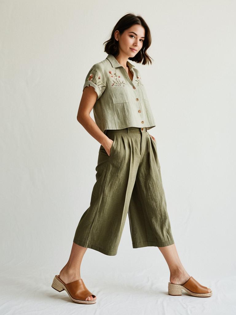 Stylish Woman in Olive Green Cropped Pants and Embroidered Shirt Walking in Casual Outfit