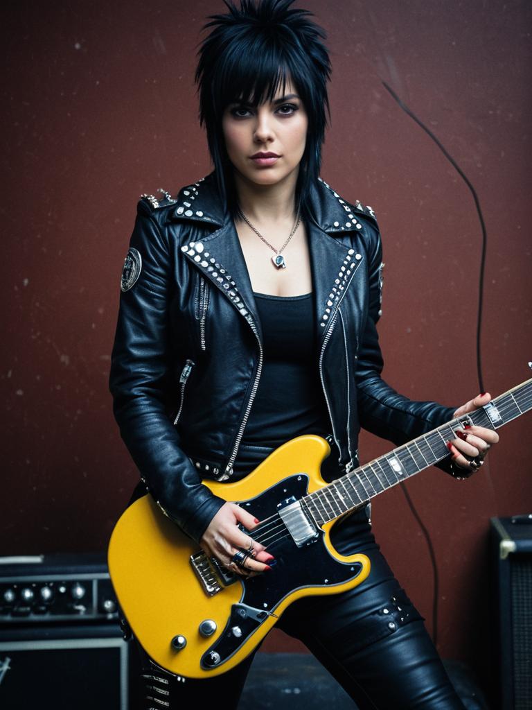 Woman in Joan Jett Outfit Photorealistic Rockstar Cosplay Portrait