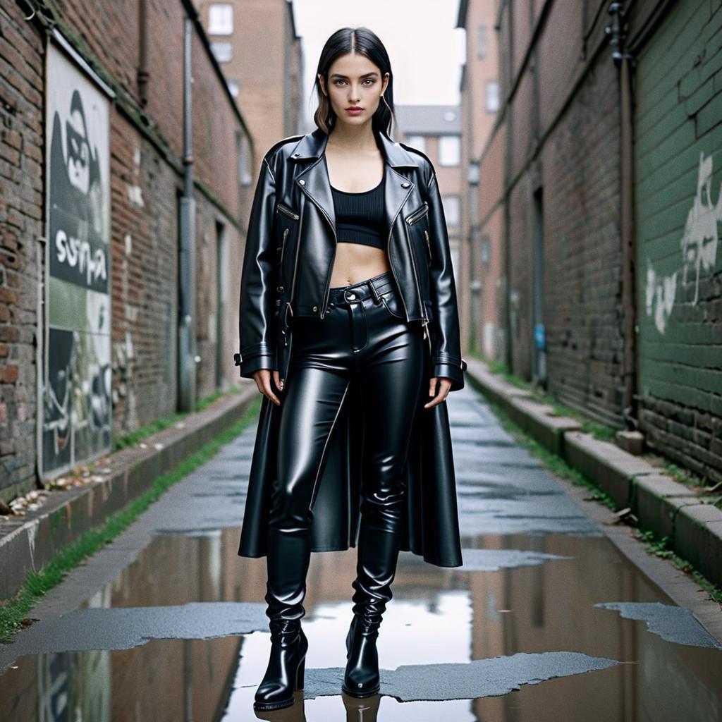 Confident Woman in Black Leather Outfit