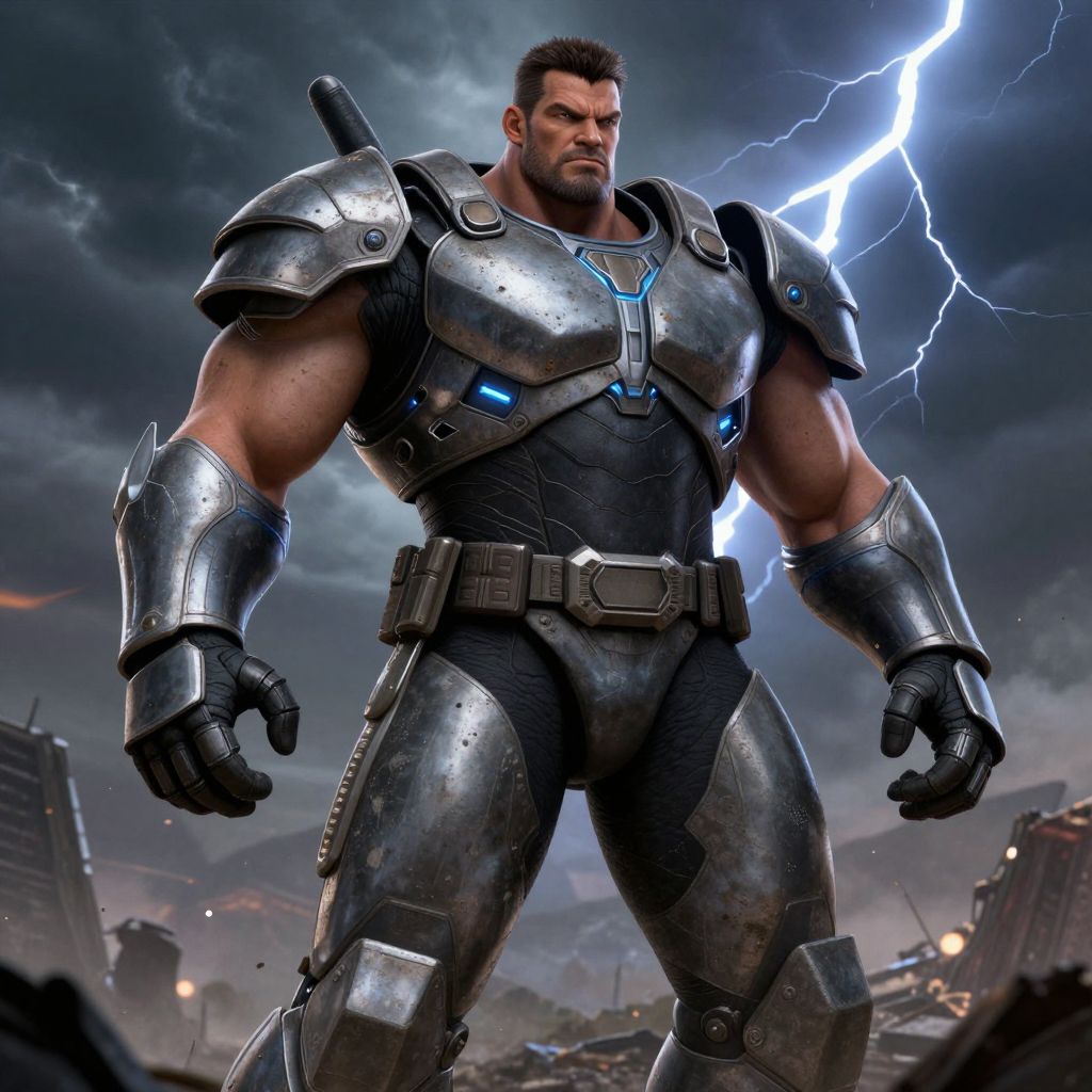 Futuristic Armored Warrior Standing in Lightning Storm