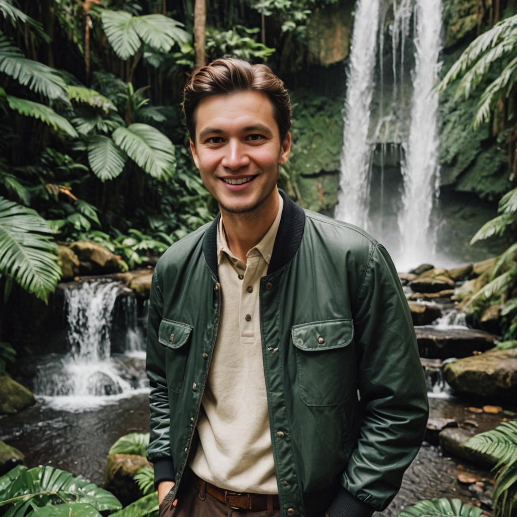 Man in Green Jacket at Waterfall