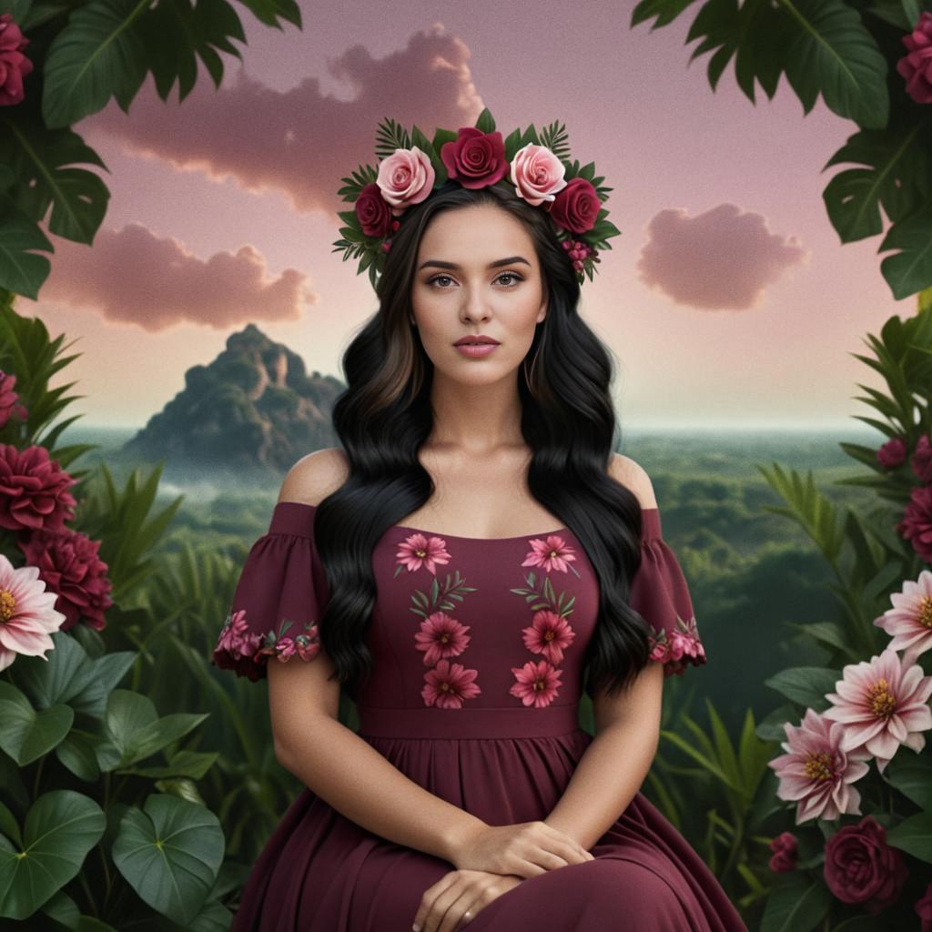 Woman in Floral Crown Amid Tropical Foliage