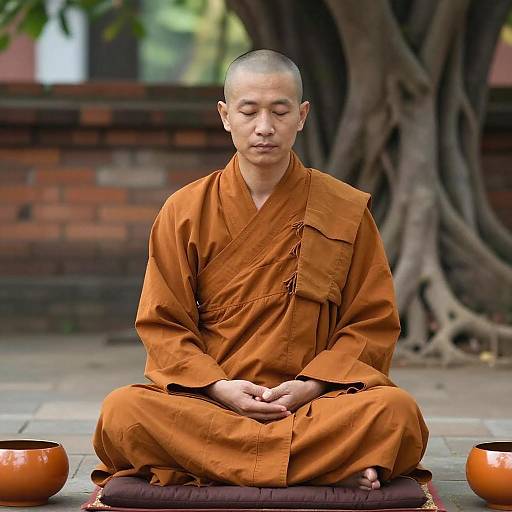 Meditating Buddhist Monk in Traditional Saffron Robes Outdoors