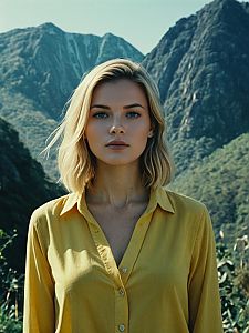 Blonde Woman in Yellow Shirt with Mountain Landscape Background