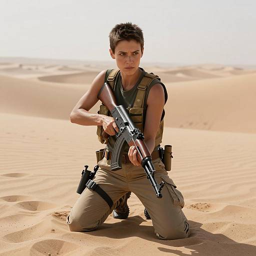 Woman Soldier Armed with Rifle in Desert Tactical Gear
