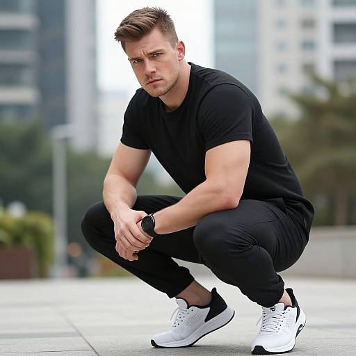 Young Man in Black Casual Outfit Squatting Outdoors Urban Style