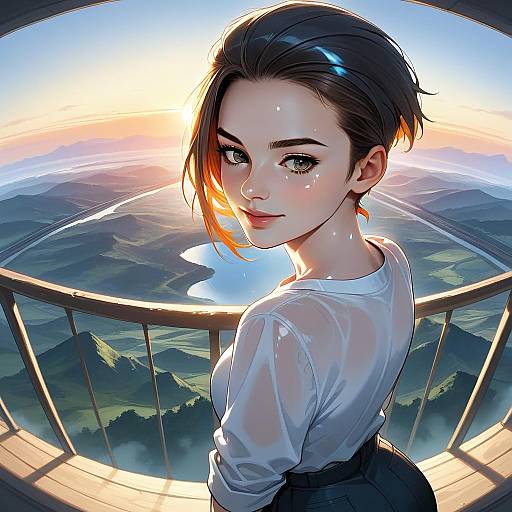 Anime Style Illustration of Woman on Balcony Overlooking Scenic Sunset Landscape
