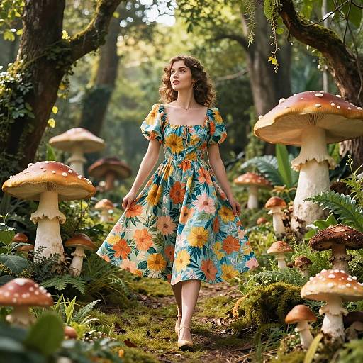 Woman in Floral Dress Walking Through Enchanted Mushroom Forest