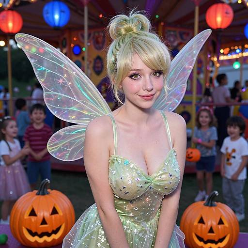 Young Woman Fairy Costume at Halloween Party with Pumpkins and Kids