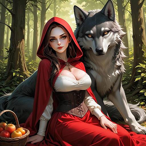 Little Red Riding Hood with Gray Wolf in Enchanted Forest Digital Illustration