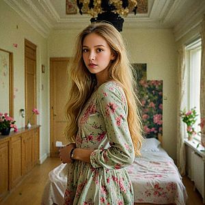 Young Woman in Floral Dress in Vintage Bedroom