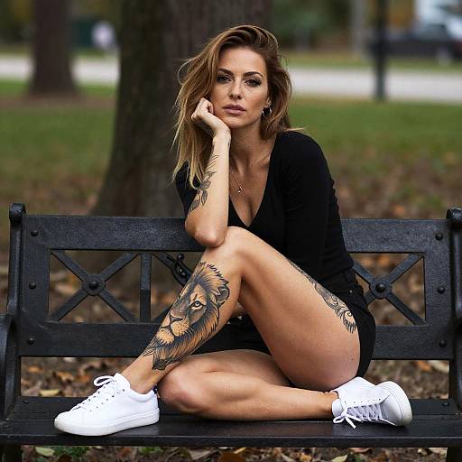 Woman with Lion Tattoo Sitting on Park Bench Wearing Black Outfit and White Sneakers
