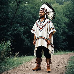 Man in Native American-inspired Attire on Forest Path