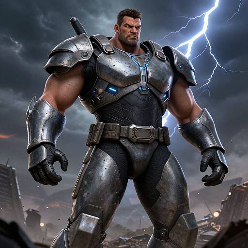 Futuristic Armored Warrior Standing in Lightning Storm