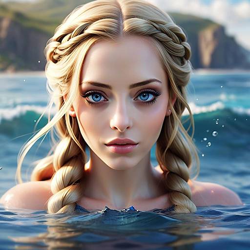 Hyper-Realistic Digital Portrait of Blonde Woman in Ocean with Braided Hair