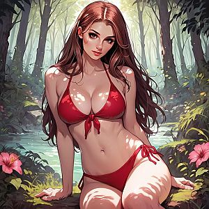Young Woman by Forest Stream in Red Bikini