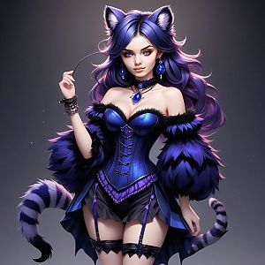 Confident Woman with Purple Hair and Cat Ears in Fantasy Outfit