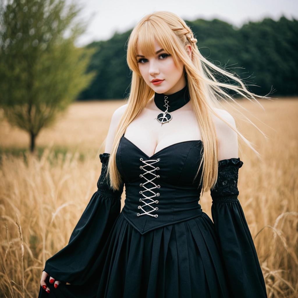 Gothic Style Blonde Woman in Black Dress in Wheat Field
