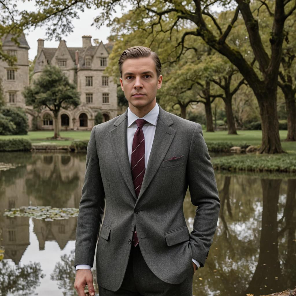 Confident man in gray suit by serene pond with manor house