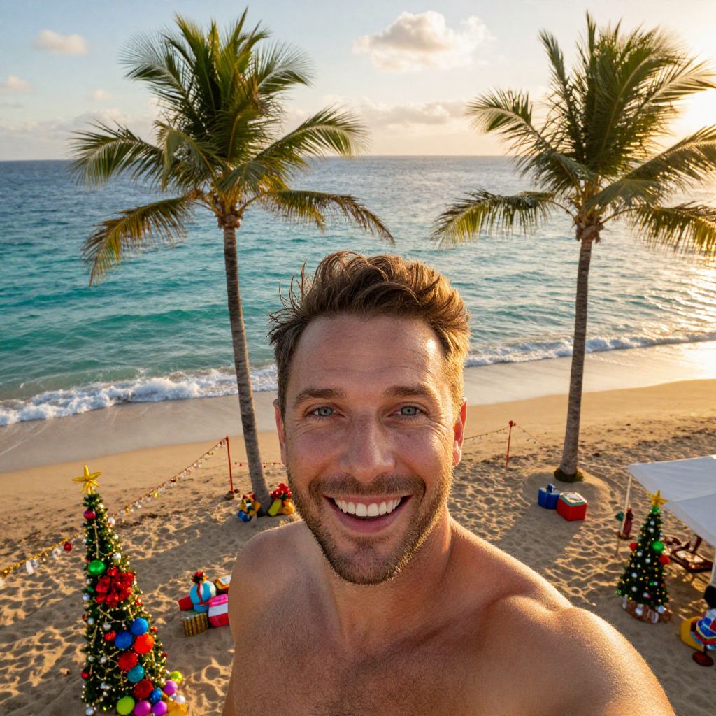 Man Taking Beach Selfie with Christmas Trees and Palm Trees