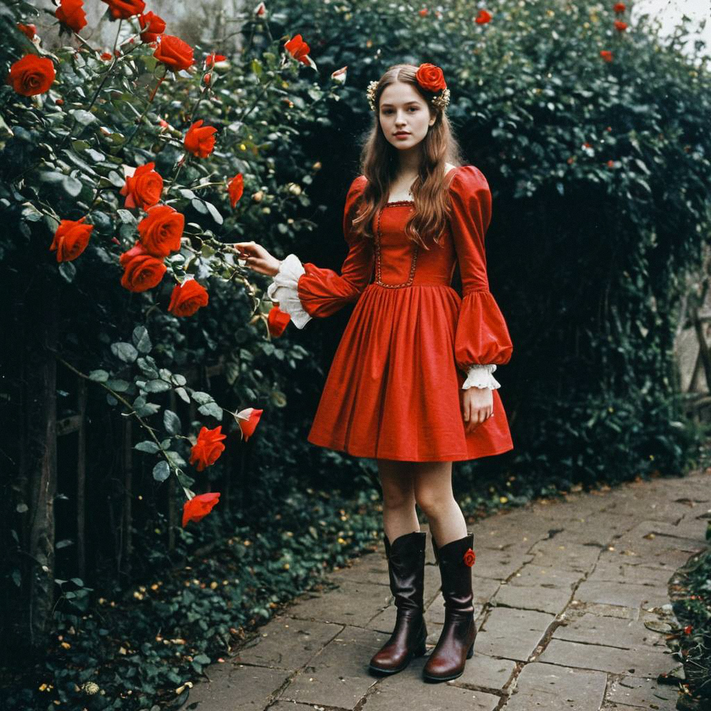 Young Woman in Vintage Red Dress in Rose Garden Young Woman in Vintage Red Dress in Rose Garden