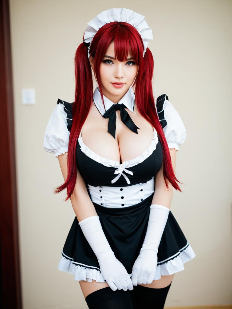 Red Hair Woman in Detailed Maid Cosplay Outfit Queens Blade Style