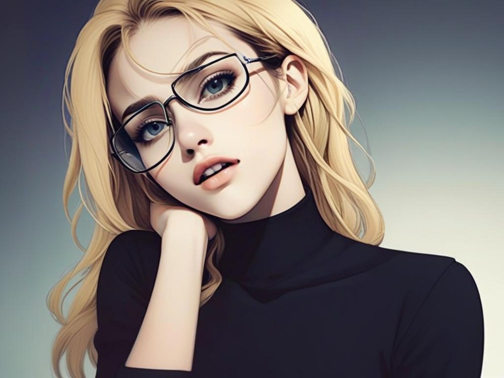 Blonde Woman with Glasses in Anime Style Digital Portrait
