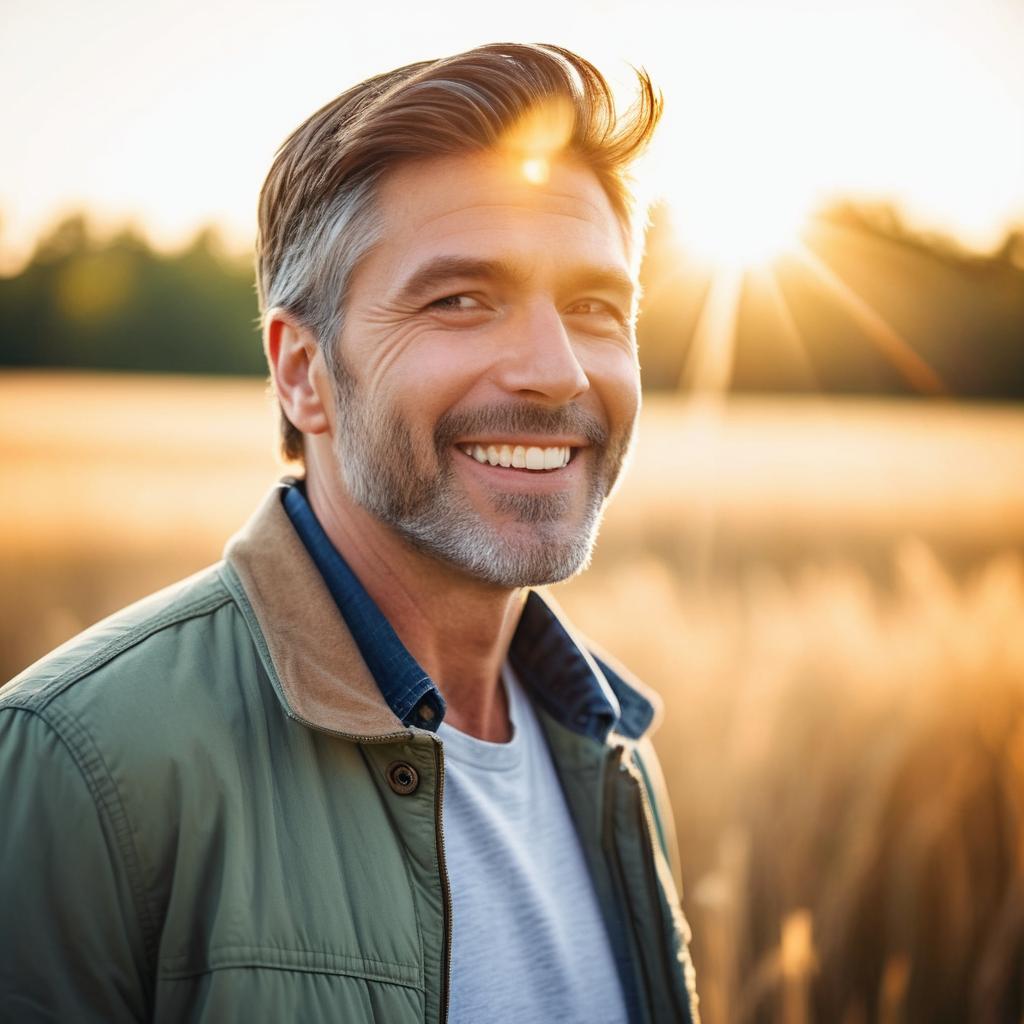 Middle-aged man smiling at sunset