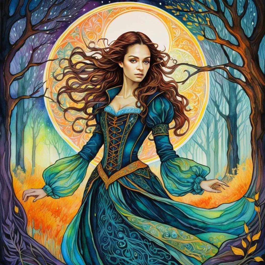 Young Woman in Vibrant Dress Under Full Moon Young Woman in Vibrant Dress Under Full Moon